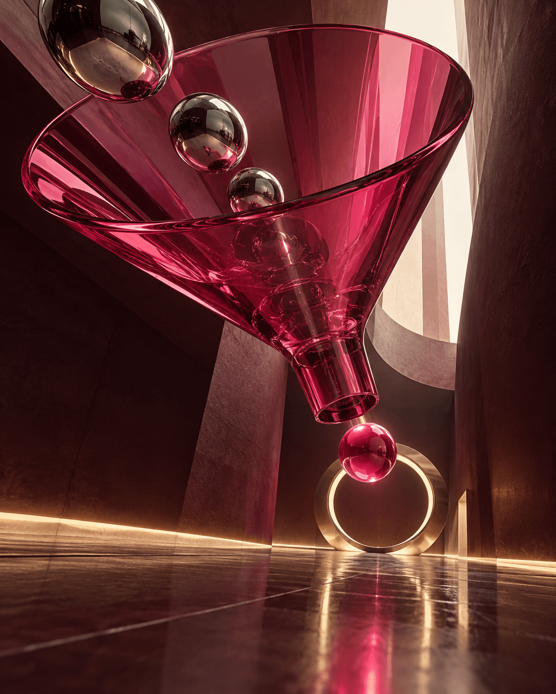 Chrome spheres moving through a translucent raspberry funnel toward a gold ring